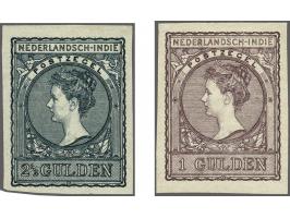 Ongetande kleurproeven type Veth 1 gulden doflila en 2½ gulden zwartblauw op dun grijs papier, pracht ex.