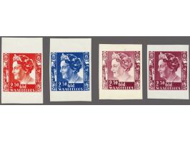 Proeven van Drukkerij "De Unie" met inschrift "Waardeloos" voor de Kreisler 2½ gulden in oranjerood, blauw en 2 tinten lila, 