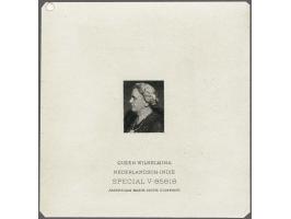 Ongetande stempelproef in zwart van de American Banknote Company van het portret van Wilhelmina op kartonpapier met de tekst 