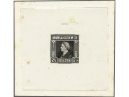 Ongetande stempelproef in zwart van de American Banknote Company van Wilhelmina 2½ gulden op velletje papier geplakt op karto