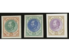 Ongetande Haarlemse kleurproeven Willem III 2½ gulden in bruin en groen op glad wit papier, in groen en blauw op glad wit pap