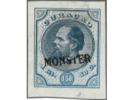 Ongetande Haarlemse kleurproef Willem III 1½ gulden lichtblauw en donkerblauw op glad wit papier met opdruk "Monster", vrijwe
