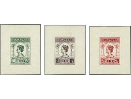 Ongetande stempelproeven van het Palmentype 50 cent t/m 2½ gulden in de gekozen kleuren op dun papier, pracht ex.
