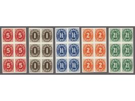 Ongetande kleurproeven Cijfer 1 t/m 5 cent Indische druk in de gekozen kleuren in blokken van 6, pracht ex.