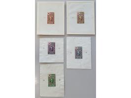 Kleurproeven Rode Kruis 10 cent in olijf en lichtbruin, 25 cent in grijs en violet, 30 cent in bruin en violet en 40 cent in 