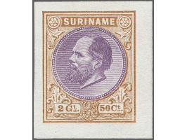 Ongetande kleurproef 2½ gulden met bruine rand en lila middenstuk, pracht ex.