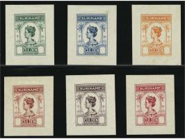 Ongetande kleurproeven van het Palmtype zonder waardecijfers maar met "gulden" in 6 verschillende kleuren compleet, pracht ex