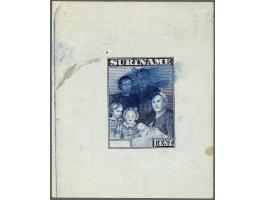 Ongetande stempelproef in blauw van de Koninklijke Familie zonder waardecijfer met kleurveeg op velletje dun papier met gom ,