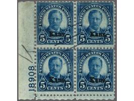 Overprint Kans. on Theodore Roosevelt 5 cents deep blue in plate block of 4, very fine used with 2010 William Weiss certifica