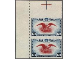 Eagle holding Shield 6 cents dark blue and carmine in vertical pair imperforated horizontaly with corner margin, very fine un