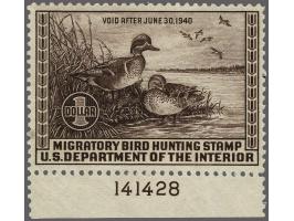 Green-winged Teal 1 dollar chocolate (3x) all with sheet margin with plate number 141428 in different positions, very fine un