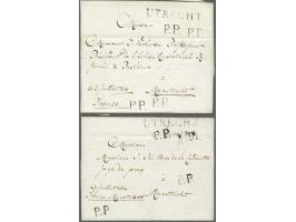 UTRECHT and P.P. (4x), all in black on 2 complete letters to Maastricht, 2 July and 20 July 1810 (2x P.P. partly obliterating
