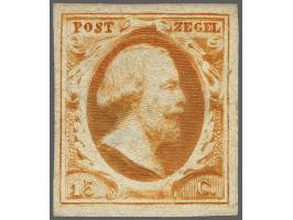 Ongetande proef van de 15 cent donkergeeloranje pos. 4 zonder gom (zoals uitgegeven), 5e proef volgens Brandsma, pracht ex. (