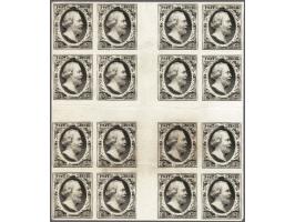 Proef in zwart op dik wit papier van de goedgekeurde plaat I van de 5 cent pos. 19-20/24-25, 41-42/46-47. 54-55/59-60 en 76-7