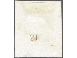 Proef in zwart op dik wit papier van de goedgekeurde plaat I van de 5 cent pos. 21 met hoekvelrand, pracht ex.