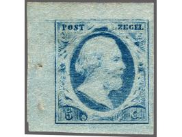 5 cent blauw plaat VI pos. 26 op dun papier met hoekvelrand, pracht ex. met originele gom (2 speldenprikjes in velrand, ver v