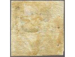 5 cent blauw plaat VI pos. 26 op dun papier met hoekvelrand, pracht ex. met originele gom (2 speldenprikjes in velrand, ver v
