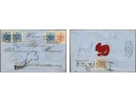 Coat of Arms 3 kreuzer rose red type IIIb, 6 kreuzer brown type III (on reverse) and 9 kreuzer blue type IIIb (3x) on second 