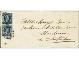 5 cent diepdonkerblauw plaat I pos. 68/73 in verticaal paar op vouwbrief van Utrecht 27-4-1852 naar Amsterdam, pracht ex.
