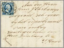 5 cent donkerblauw plaat II pos. 2 op vouwbrief van Amsterdam 20-4-1855 naar Den Haag. Militair tarief! Pracht ex. (boven kor
