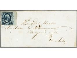 5 cent zwartblauw plaat III pos. 35 met velrand op briefomslag van Oostwold (langstempel achterzijde) 12-1-1857(?) naar Winsc