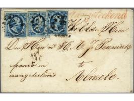 5 cent donkerblauw plaat III pos. 33, 36 en 43 op envelop van Middelharnis (langstempel achterzijde) via Dirksland 22-3-1855 