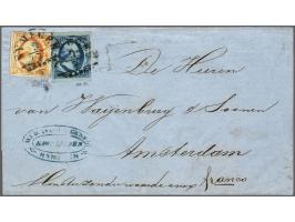 5 cent donkerblauw plaat III pos. 81 en 15 cent donkeroranje pos. 65 op briefomslag van Nijmegen 9-7-1856 naar Amsterdam met 