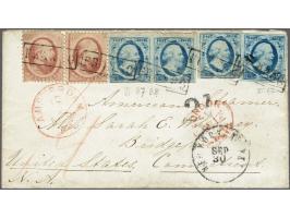 5 cent blauw plaat VI pos. 42, pos. ? en pos. 87-88 in paar op dun papier en emissie 1864 10 cent rood Utrechtse druk (2x) op
