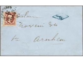 10 cent diepdonkerkarmijn plaat I pos. 54 op briefomslag van Rotterdam 12-1-1852 naar Arnhem, pracht ex.