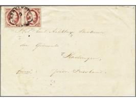 10 cent karmijn plaat I pos. 88-89 in paar op briefomslag van Sappemeer (langstempel achterzijde) via Groningen 9-2-1853 naar