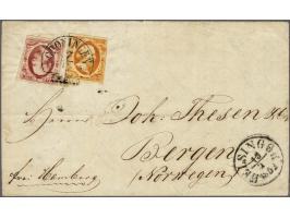 10 cent karmijn plaat I pos. 93 en 15 cent donkergeeloranje pos. 58 op vouwbrief van Groningen 7-2-1852 naar Bergen (Noorwege