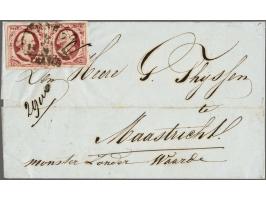 10 cent karmijn plaat II pos. 84-85 in paar op briefomslag van Venlo 8-4-1854 naar Maastricht met geschreven 29w en monster z