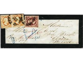 10 cent rood plaat IV pos. 56 en 15 cent donkeroranje pos. 13-14 in paar op envelop van Utrecht 22-12-1856 via Emmerich en Be
