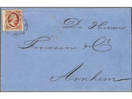 10 cent rood plaat V pos. 81 schone druk met velrand op briefomslag van Amsterdam 10-9-1858 naar Arnhem, zeer fris pracht ex.