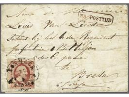 10 cent rood plaat V pos. 22 schone druk op kleinformaat briefomslag van Boxmeer 15-5-1859 naar een soldaat bij het 6e Regime