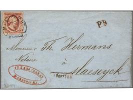10 cent bruinrood plaat VI pos. 64 op vouwbrief van Maastricht 29-3-1861 via Lanaken naar Maaseik (België), Grenstarief!, pra