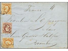 10 cent bruinrood plaat VI pos. 56 en 15 cent oranje pos. 24 en 25 op vouwbrief van de 2e gewichtsklasse van Groningen15-10-1