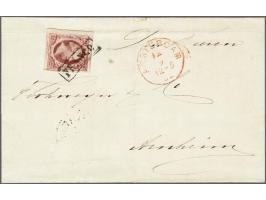 10 cent karmijnroze plaat VIII pos. 16 met velrand op briefomslag van Amsterdam 12-9-1862 naar Arnhem, fris pracht ex.