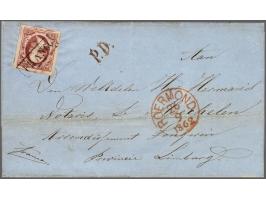 10 cent karmijnroze plaat VIII pos. 19 op vouwbrief van Roermond 26-9-1862 via Hasselt en Lanklaer naar Mechelen (België). Gr