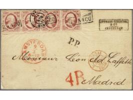 10 cent rood plaat X pos. 26-29 op dun papier in strip van 4 op briefomslag van Amsterdam 9-3-1864 via Valenciennes en Irun n