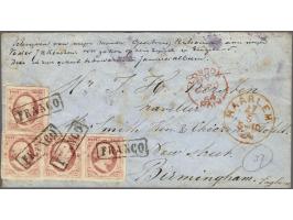 10 cent rood plaat X pos. 98-100 in strip van 3 en pos. 96 op dun papier op envelop van Haarlem 27-5-1864 via Londen naar Bir