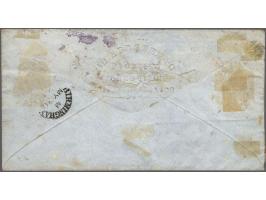 10 cent rood plaat X pos. 98-100 in strip van 3 en pos. 96 op dun papier op envelop van Haarlem 27-5-1864 via Londen naar Bir