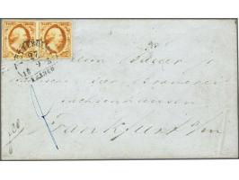 15 cent donkeroranje pos. 63-64 in paar op envelop van Rotterdam 27-9-1852 over Duisburg naar Frankfurt/Main, pracht ex.