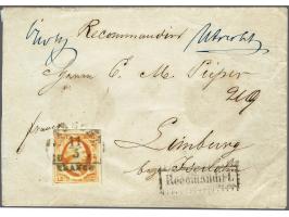 15 cent donkeroranje pos. 57 op aangetekende briefomslag van Utrecht 11-3-185? via Emmerich naar Limburg (Pruissen) met stemp