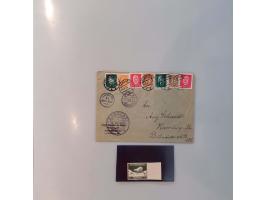 stamps, label with omitted colour, 2 franked postcards, 1 cover etc. 
