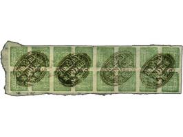 1 anna, setting 27, 2nd state, error of colour emerald green in block of 16 (8x2) with an unrecorded negative cancel, inscrib