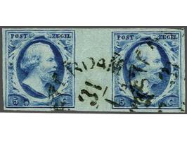 5 cent donkerblauw plaat III pos. 5 en 26 in brugpaar, pracht ex. (niet tussen de zegels gevouwen) met certificaat Dr. Louis 