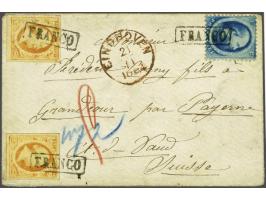 15 cent oranjegeel pos. 48 en 49 en emissie 1864 5 cent blauw Utrechtse druk plaat II op kleinformaat envelop van Eindhoven 2