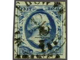 Rondstempel met Egyptische letters Winterswyk (Ey 500) in zwart met tevens onleesbaar halfrond-francostempel op 5 cent blauw 