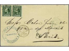 20 cent donkergroen (2x) op briefomslag van Amsterdam 26-8-1872 via Valenciennes naar Parijs, pracht ex. Herkomst: collectie 